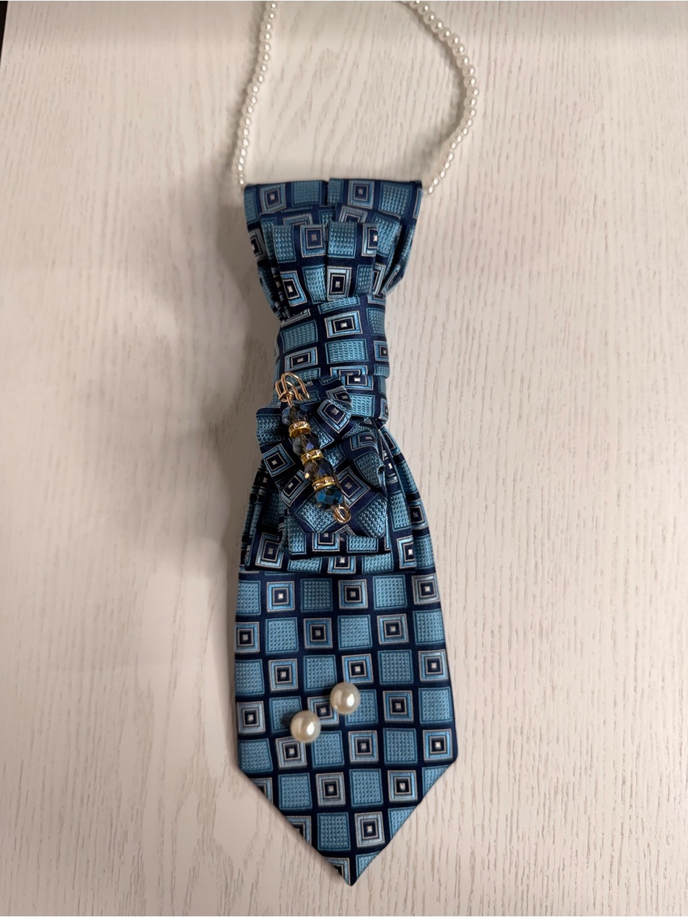 Blue Geometric Pendant Necklace with Pearl Accents handmade
